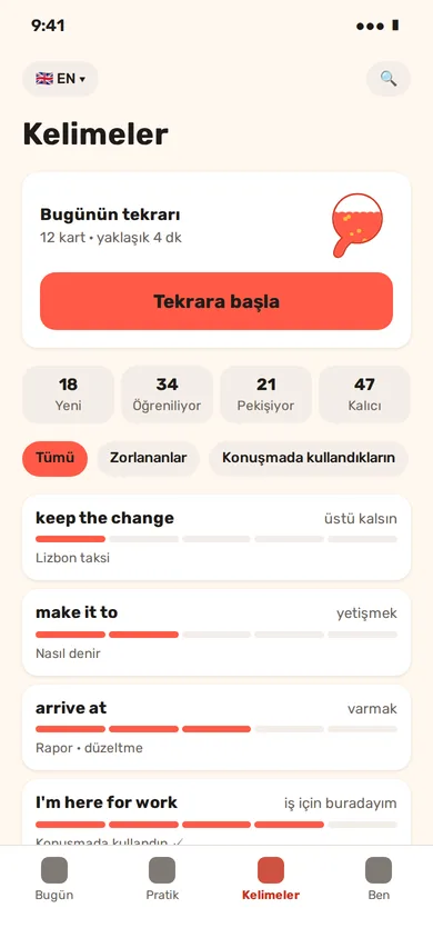 Words screen with today’s review and cards by stage